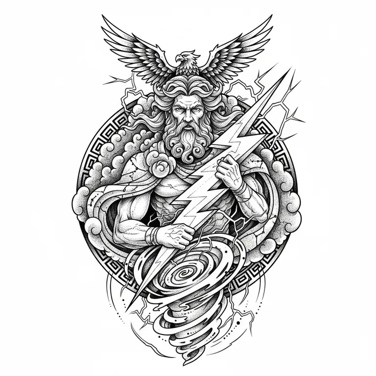 Zeus tattoo design, dotwork shading style